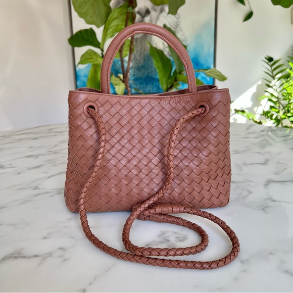 Quince Handbags - QUINCE Italian Leather Handwoven Mini Satchel Cognac Top Handle Shoulder Bag